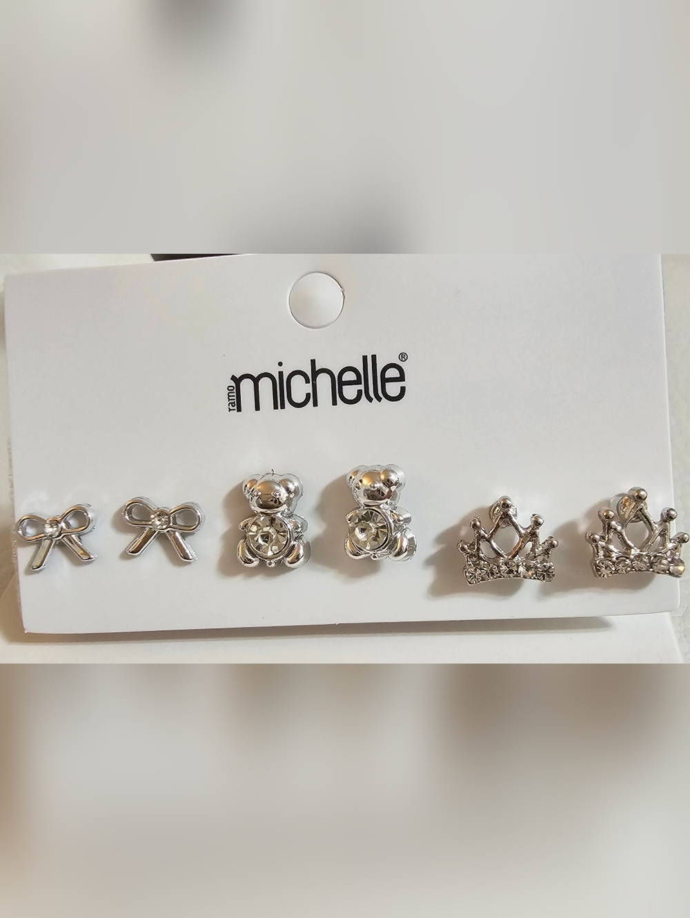 Silver Bow, Teddy Bear, and Crown Crystal Stud Earrings for Kids